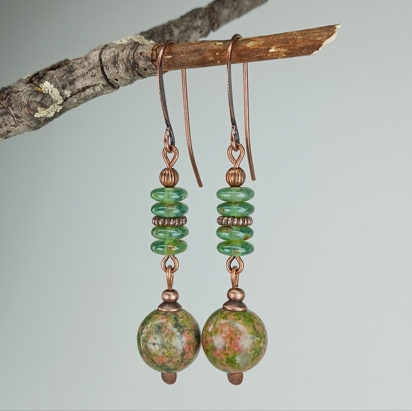 Earth Art hand crafted artisan Jewelry - HAND CRAFTED Unakite Artisan Glass Green Pink Copper Boho Nature Stone Earrings